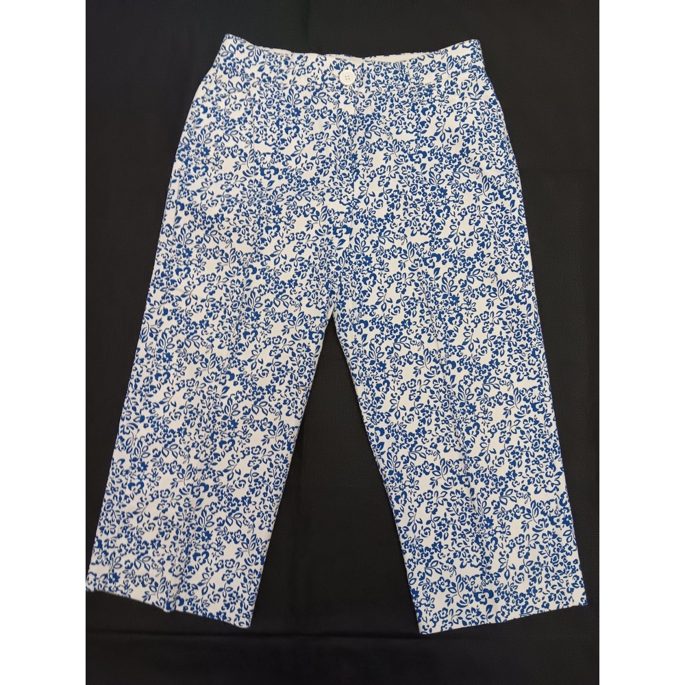 Nautical Blue White Floral Wide Leg Cropped Pants Summer Trouser 31 Waist - Picture 3 of 12